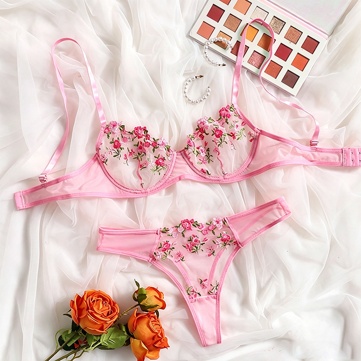 Floral-embroidered mesh lingerie set