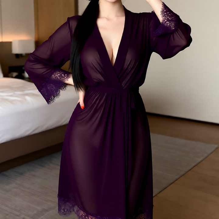 Sheer mesh and lace waist-cinching robe