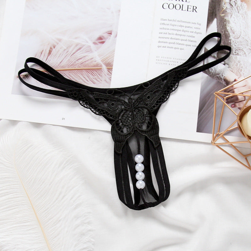 Pearl massage thong, low-waist embroidered open-crotch sexy panties