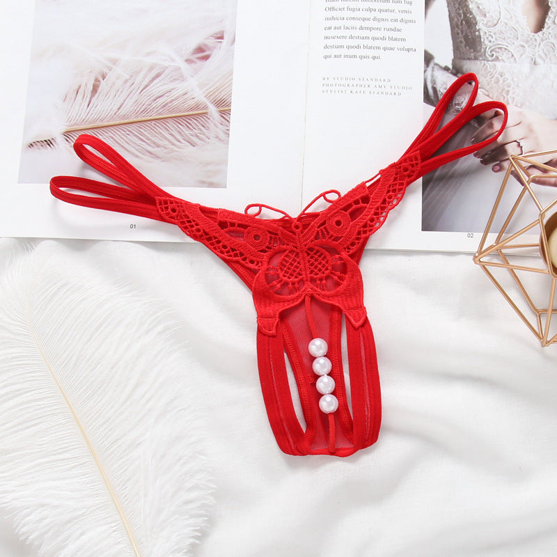 Pearl massage thong, low-waist embroidered open-crotch sexy panties