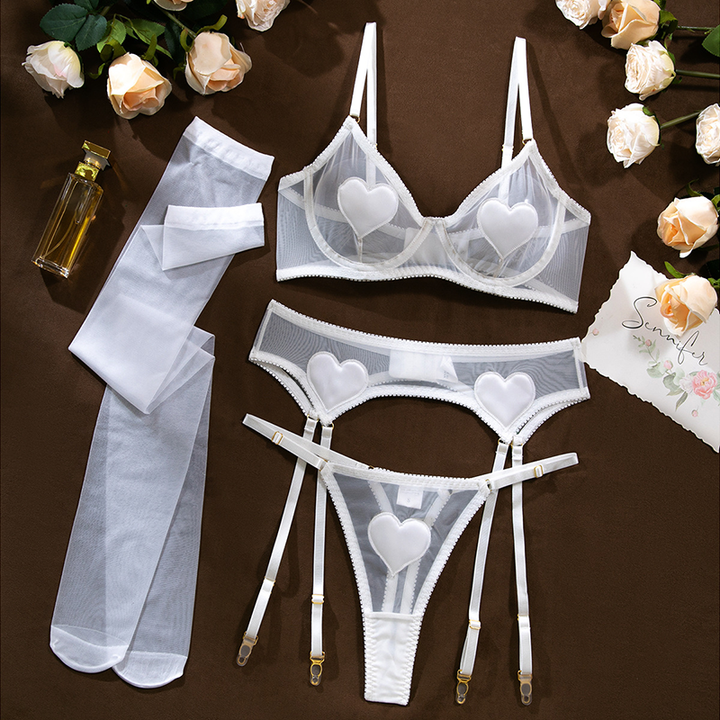 Heart-Patterned Mesh Lingerie Set