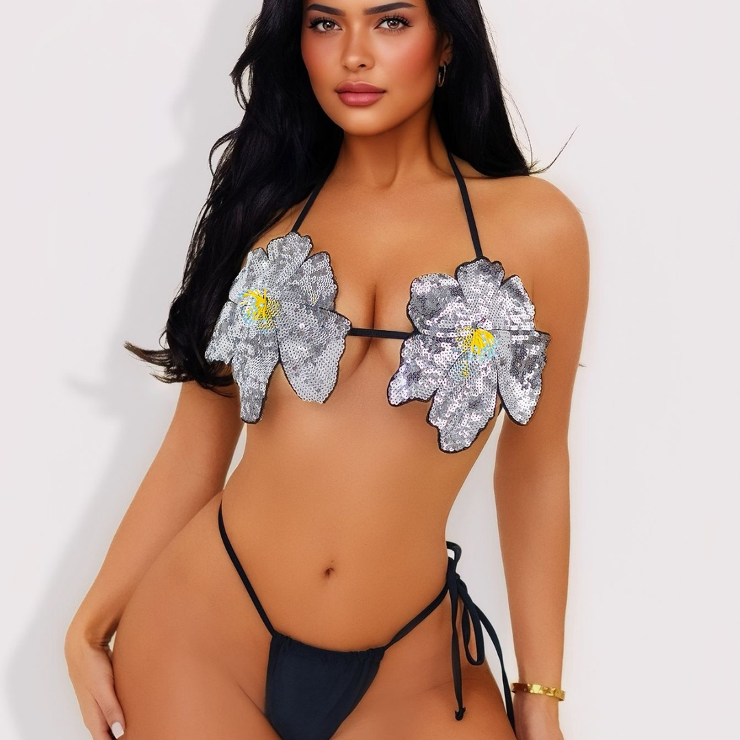 Sequined Flower Halter-Neck Bikini Strap Swimsuit