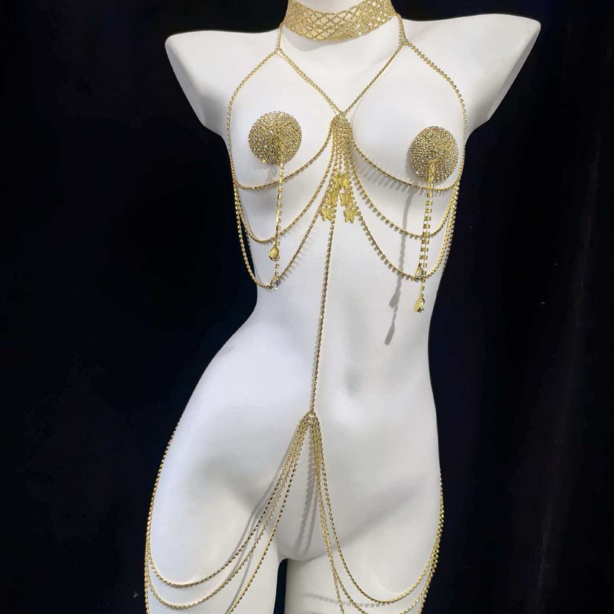 Butterfly pendant multi-layer rhinestone body chain