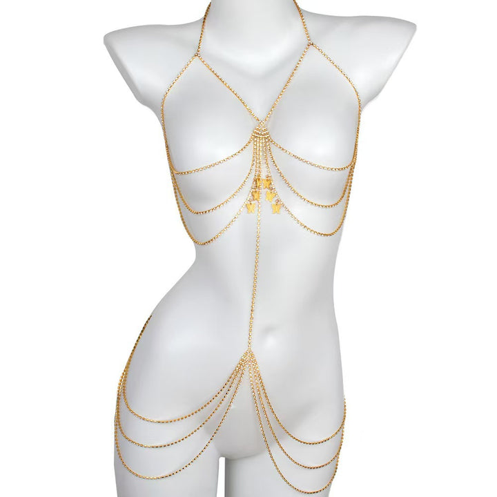 Butterfly pendant multi-layer rhinestone body chain