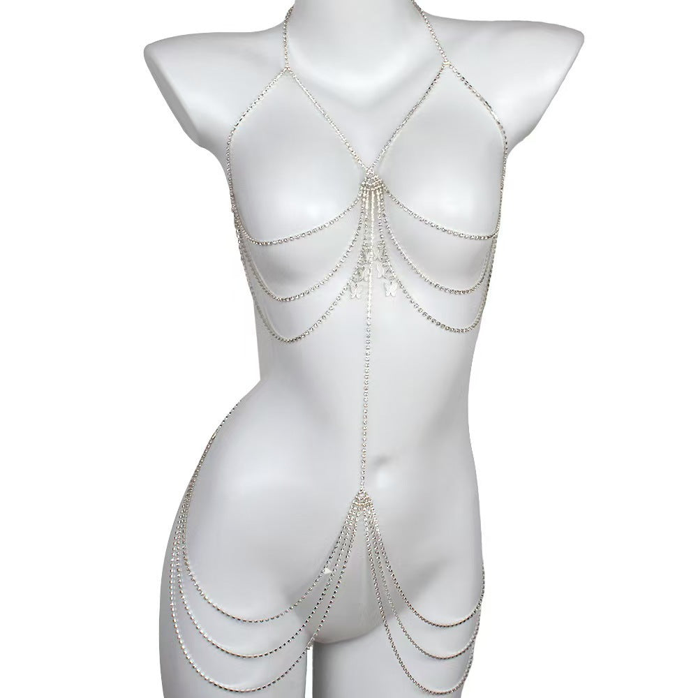 Butterfly pendant multi-layer rhinestone body chain