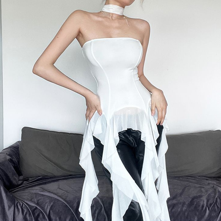 New Ruffled Ribbon Tube Top with Asymmetrical Design