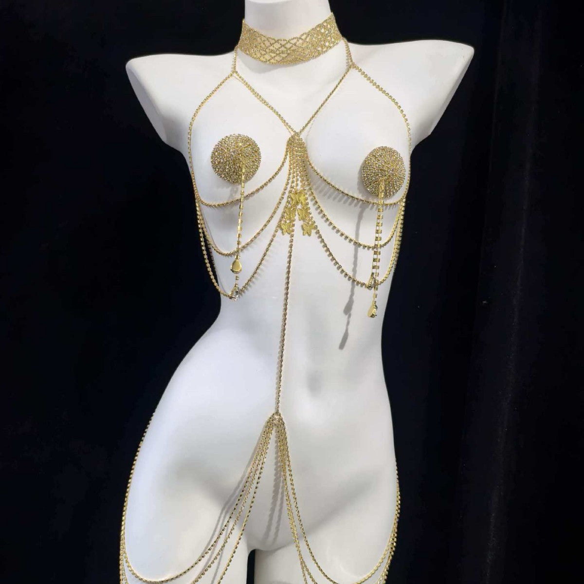 Butterfly pendant multi-layer rhinestone body chain