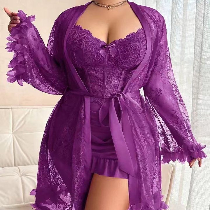Lace petal-sleeve robe-style sleepwear