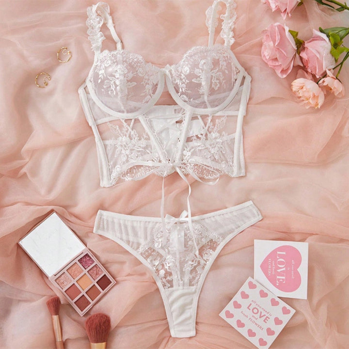 Embroidered Black Mesh Lingerie Set