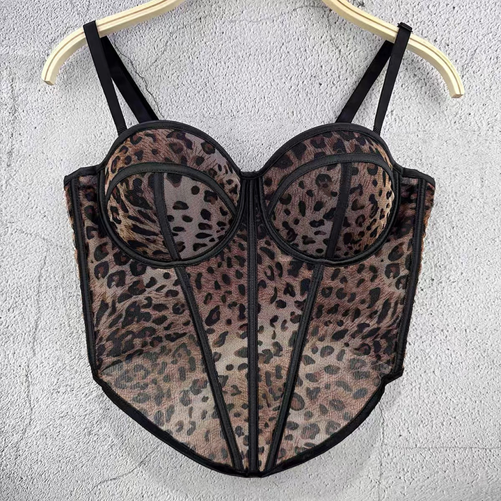 Leopard-print panelled corset with boning