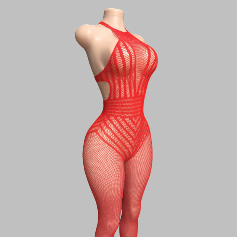 One-piece halter-neck backless bodysuit sexy mesh lingerie
