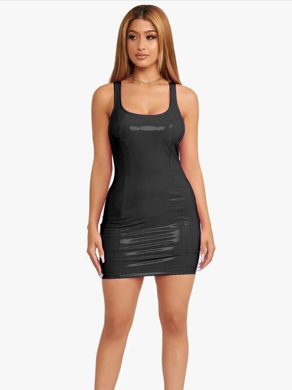PU leather solid color suspender dress, leather skirt, leather bodycon skirt, short skirt
