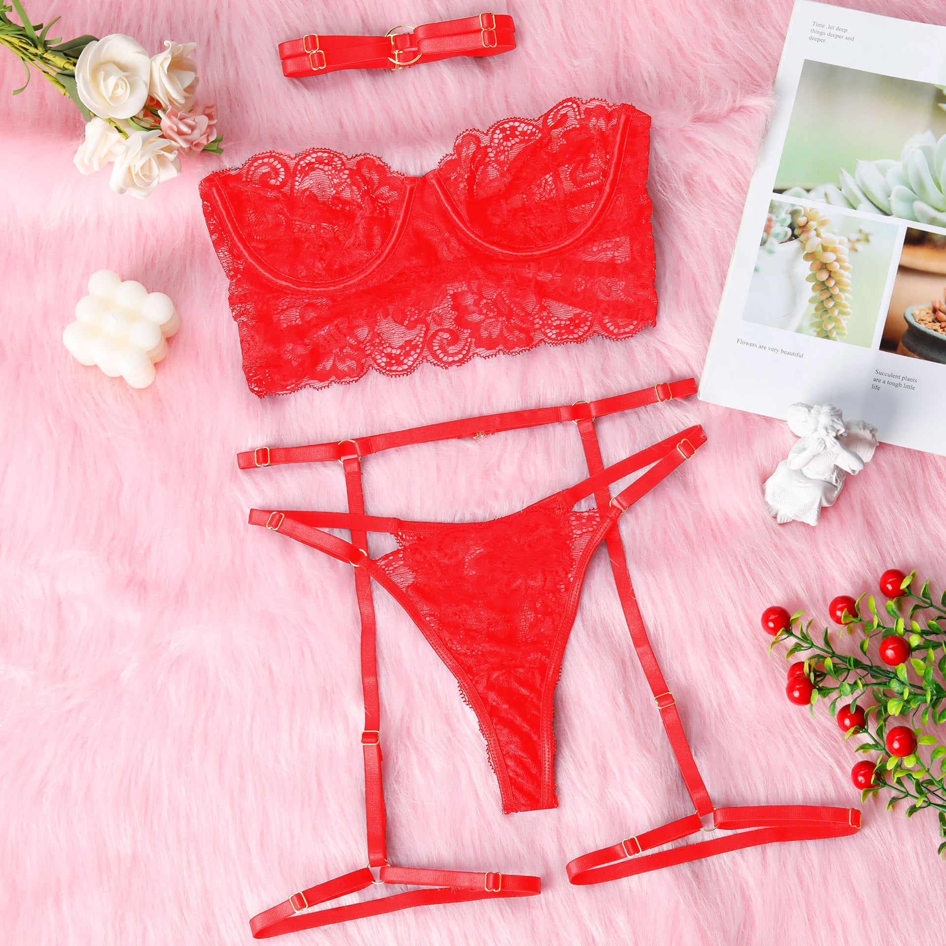 Sexy lace sheer halter-neck black strapless lingerie set