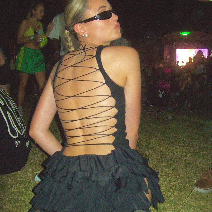 Sexy, fitted, tie-waist, halter-neck, backless, tiered short dress.