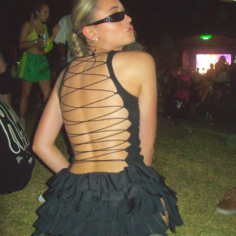 Sexy, fitted, tie-waist, halter-neck, backless, tiered short dress.