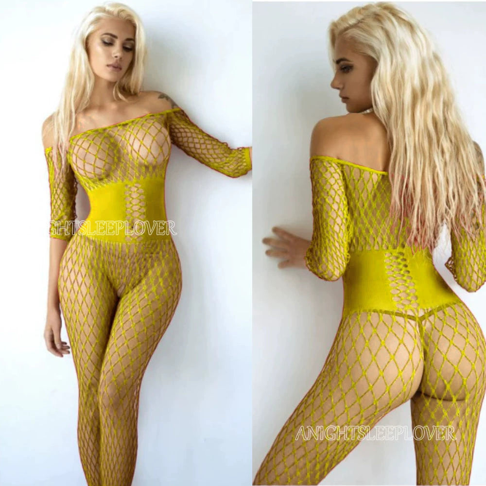 Women's one-shoulder fishnet stockings open crotch hollow bodysuit