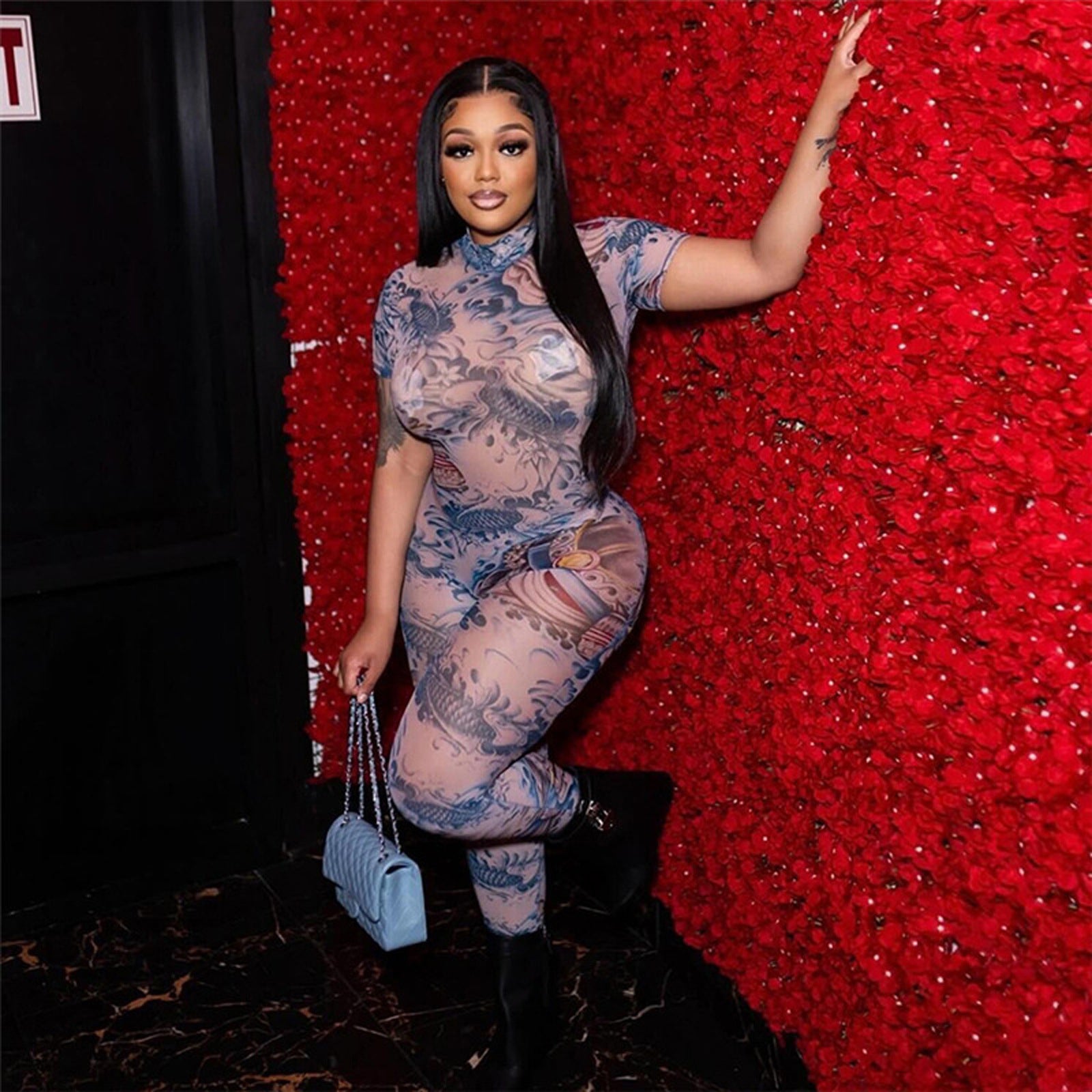 Sexy backless patterned print sheer mesh jumpsuit