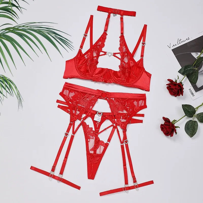 Sexy Embroidered Hollow Diamond Heart Halter Neck Lingerie Set