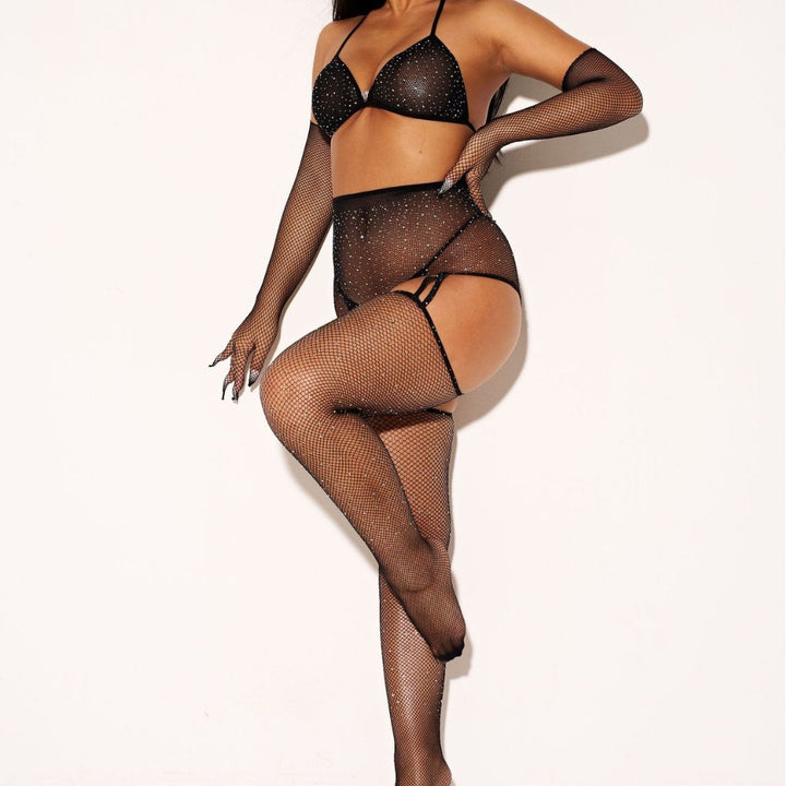 Rhinestone Mesh Suspender Pantyhose Sexy Fishnet Bodysuit
