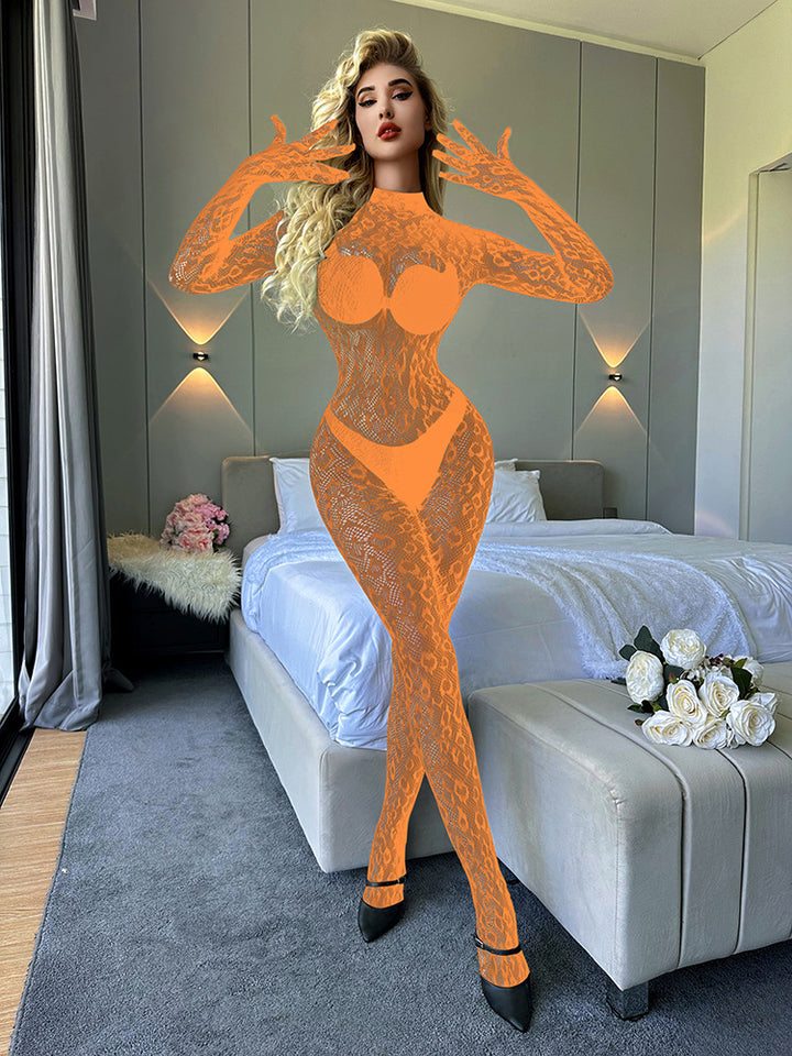 Sexy long-sleeved bodysuit with fishnet stockings