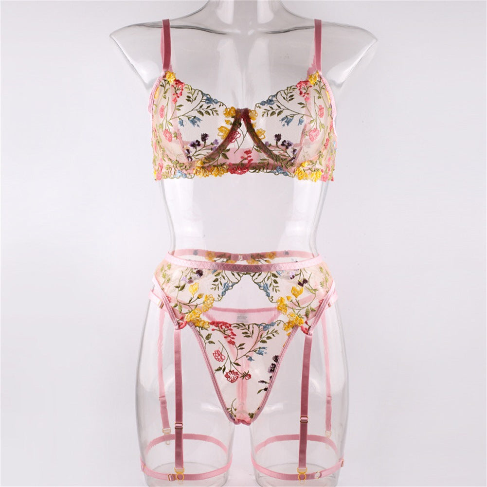 Embroidered multi-colored floral bra, sheer lingerie three-piece set