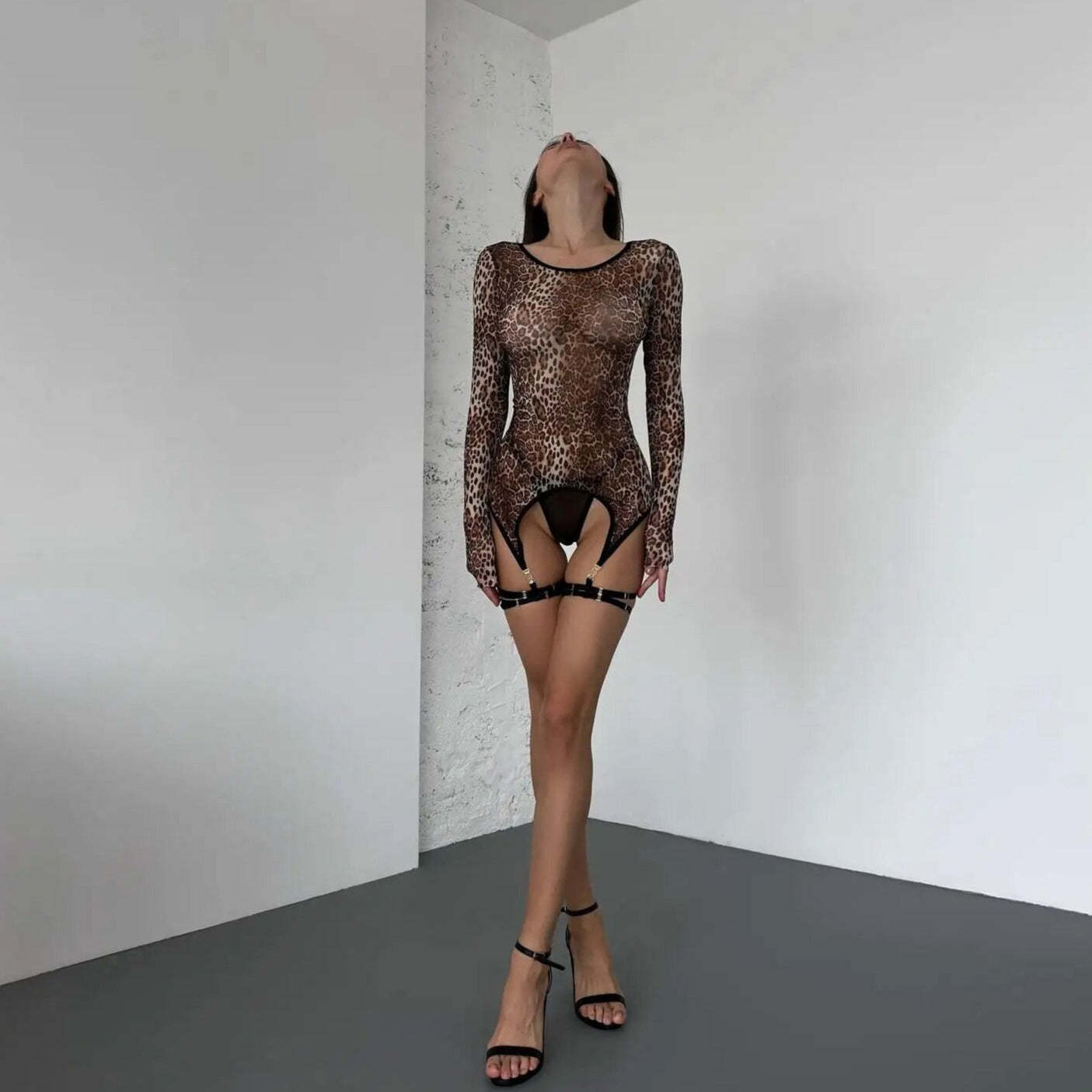 Sexy mesh leopard print long-sleeved top and bodycon sheer jumpsuit.