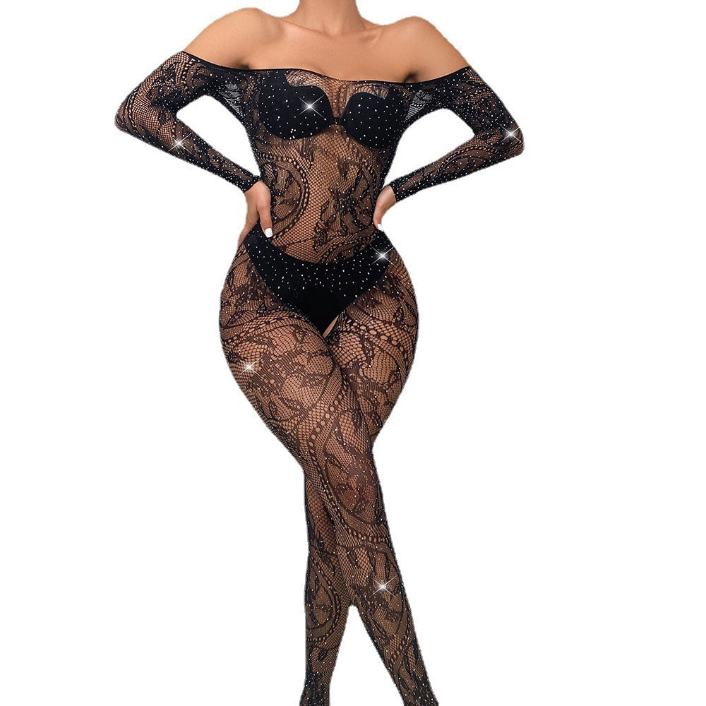 Sexy lingerie, open crotch black stockings, fishnet stockings, nightgown