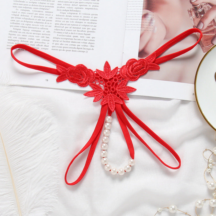 Embroidered Pearl T-Back Low-Rise See-Through T-Pants