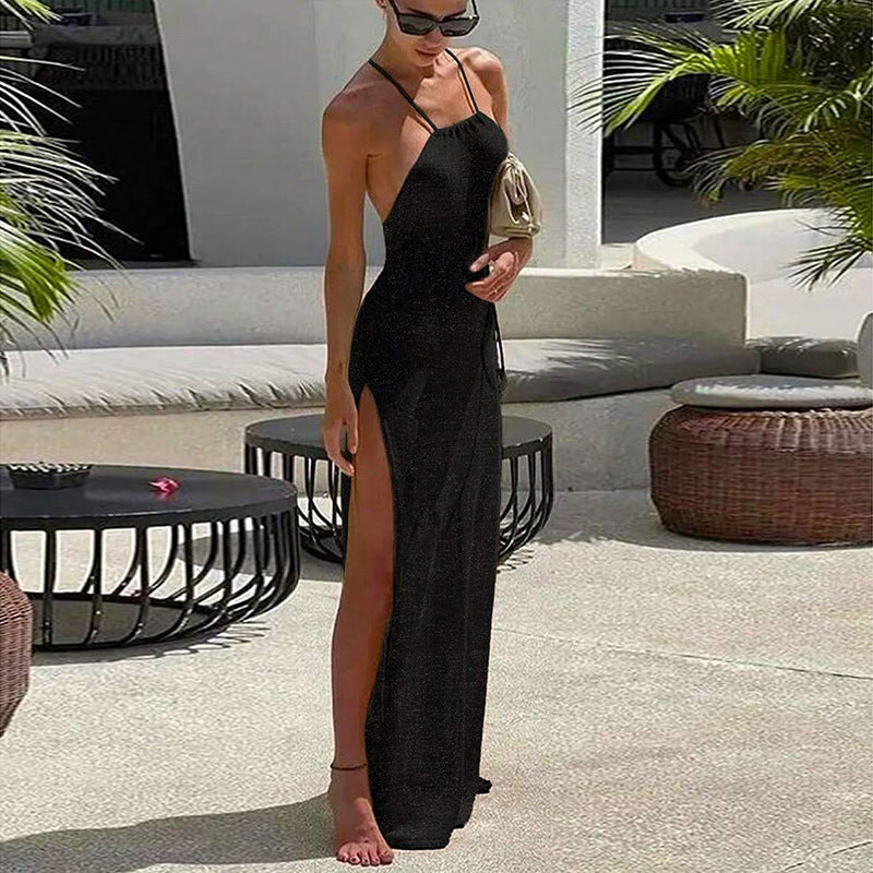 Double-sided high-slit strappy backless knitted dress
