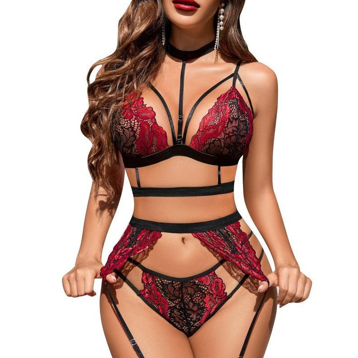 Halter neck detachable lace pattern suspenders sexy lingerie set