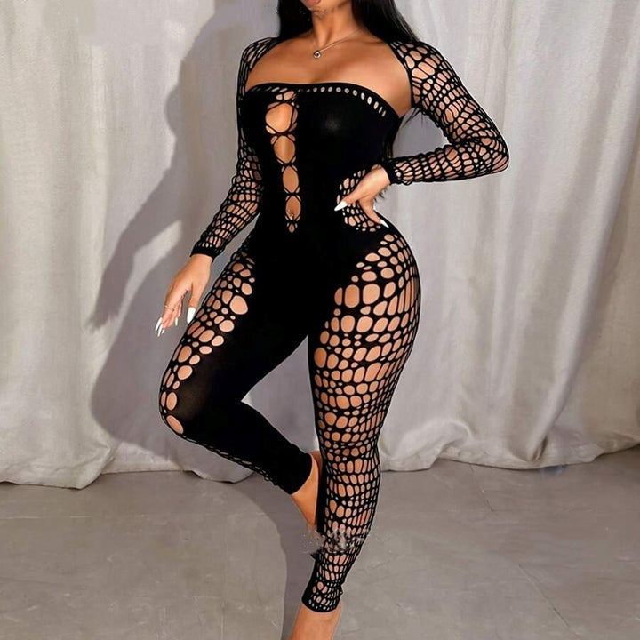 Solid color shawl long-sleeved hollowed-out sexy jumpsuit