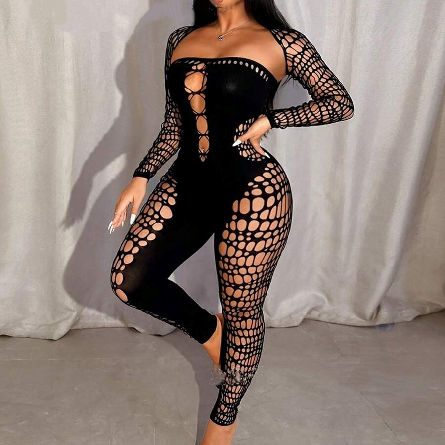 Solid color shawl long-sleeved hollowed-out sexy jumpsuit