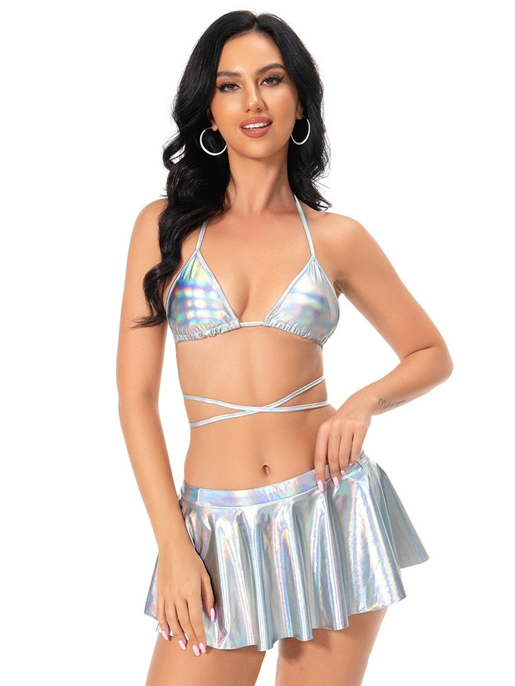 Three-piece set of separate, sexy, patent leather lingerie.