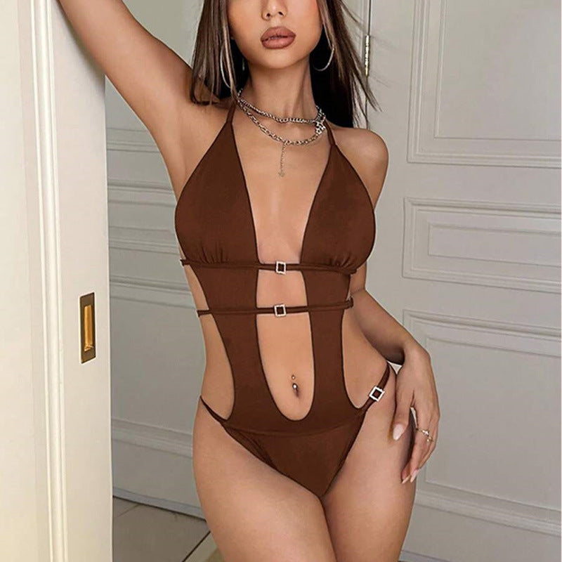 Sexy solid color hollowed-out deep V halter neck tie bodysuit