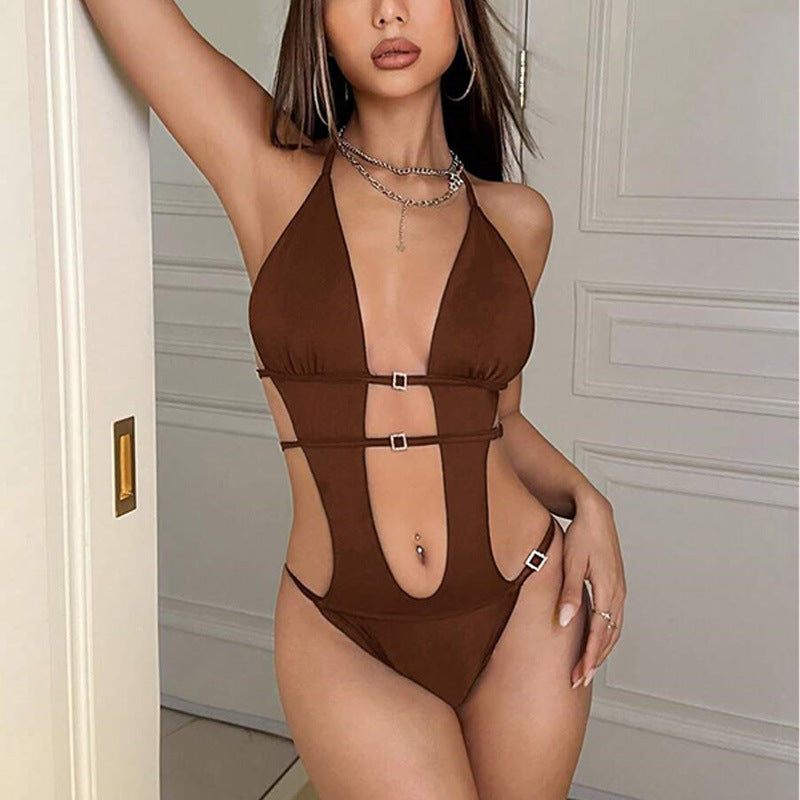 Sexy solid color hollowed-out deep V halter neck tie bodysuit