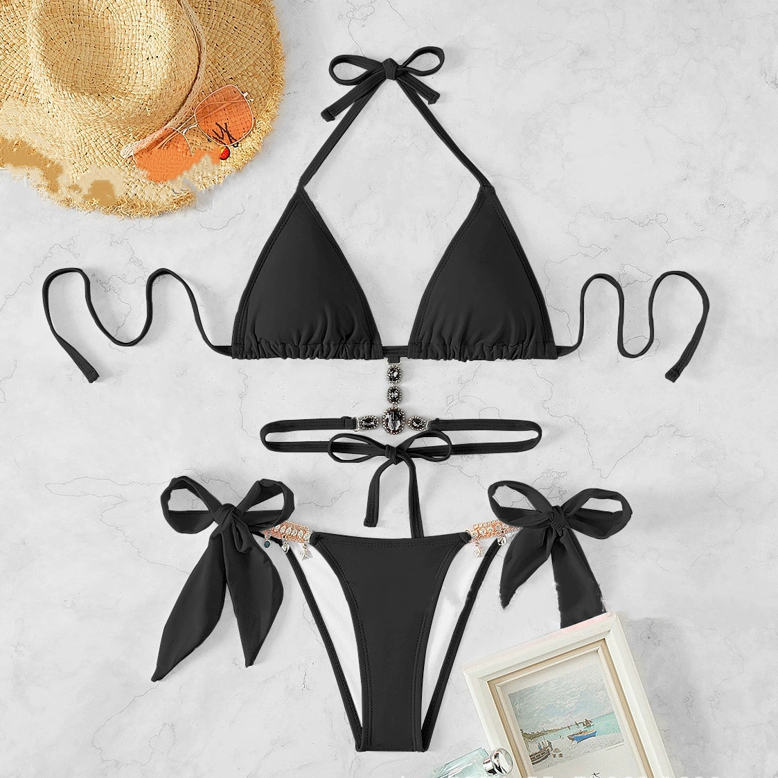 Crystal Diamond Triangle Strapless Backless Bikini Sexy Set