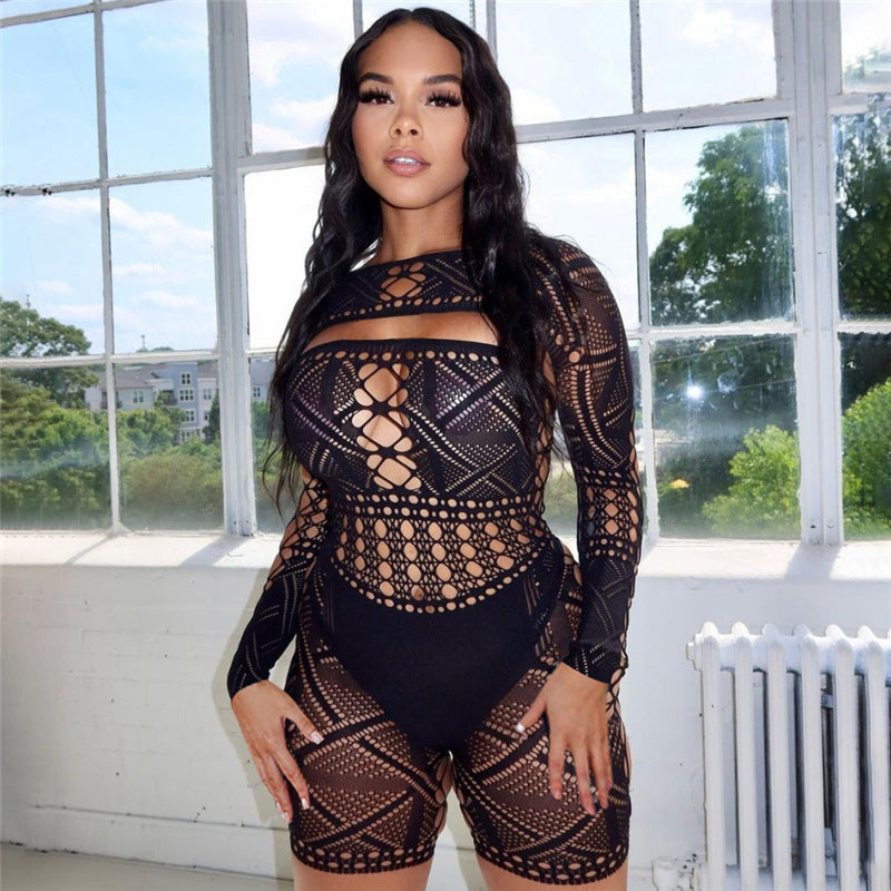 Sexy, sheer lace, high-waisted, form-fitting knitted romper shorts.