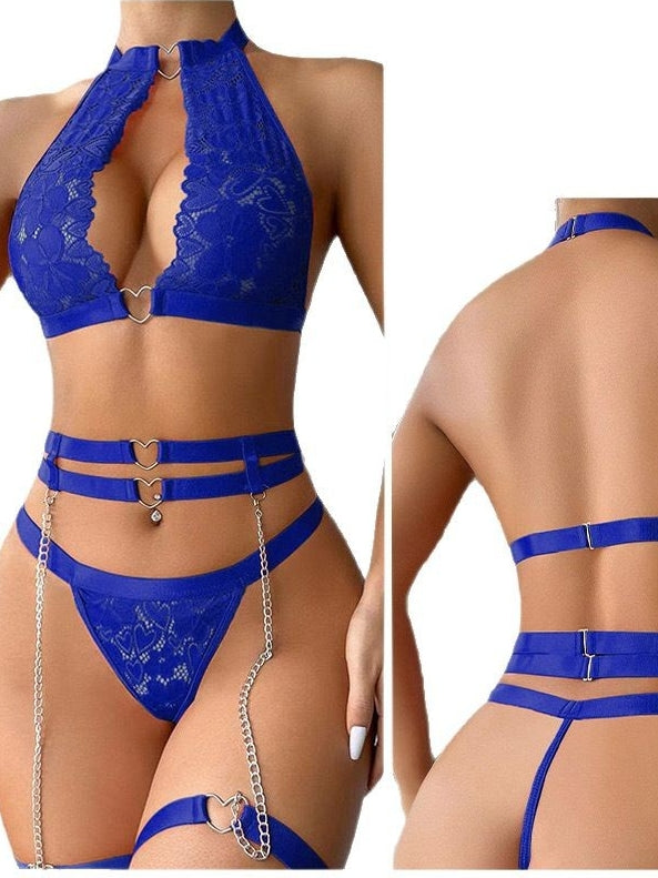Heart-shaped metal chain gathered suspender bra set