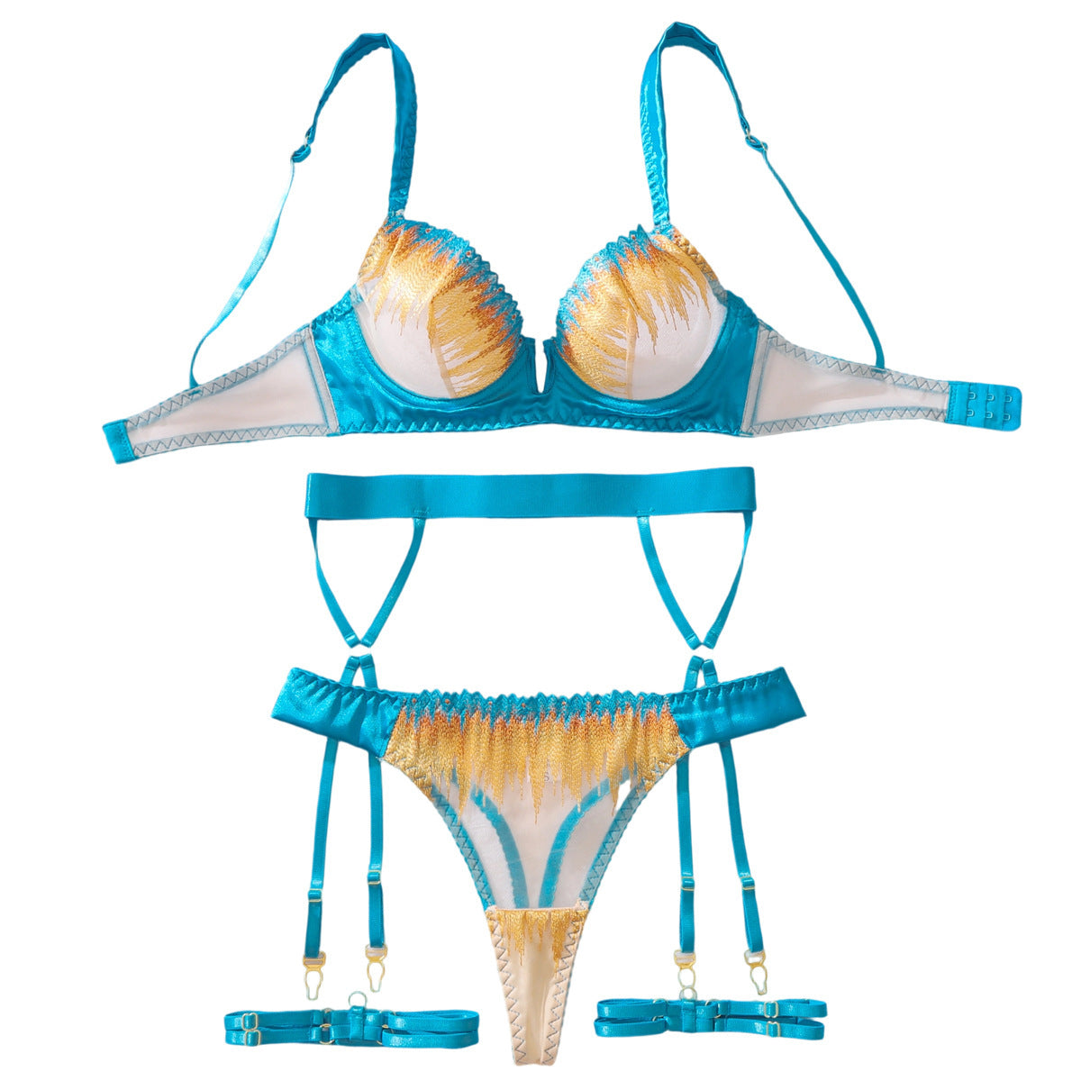 See-through embroidered push-up and shaping two-piece sexy lingerie set