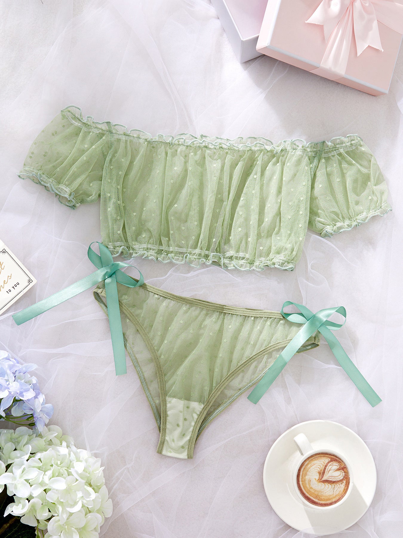 Lace and mesh sheer lingerie with polka dot pattern