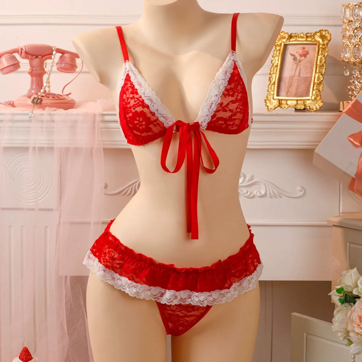 Sexy lingerie lace sexy thong bow set