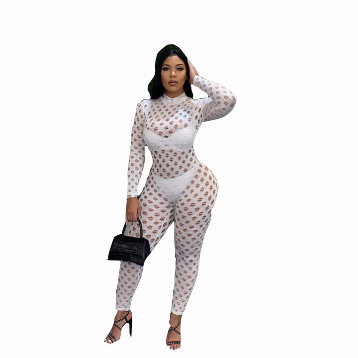 Sexy hollow-out zipper solid color long-sleeved tight-fitting jumpsuit