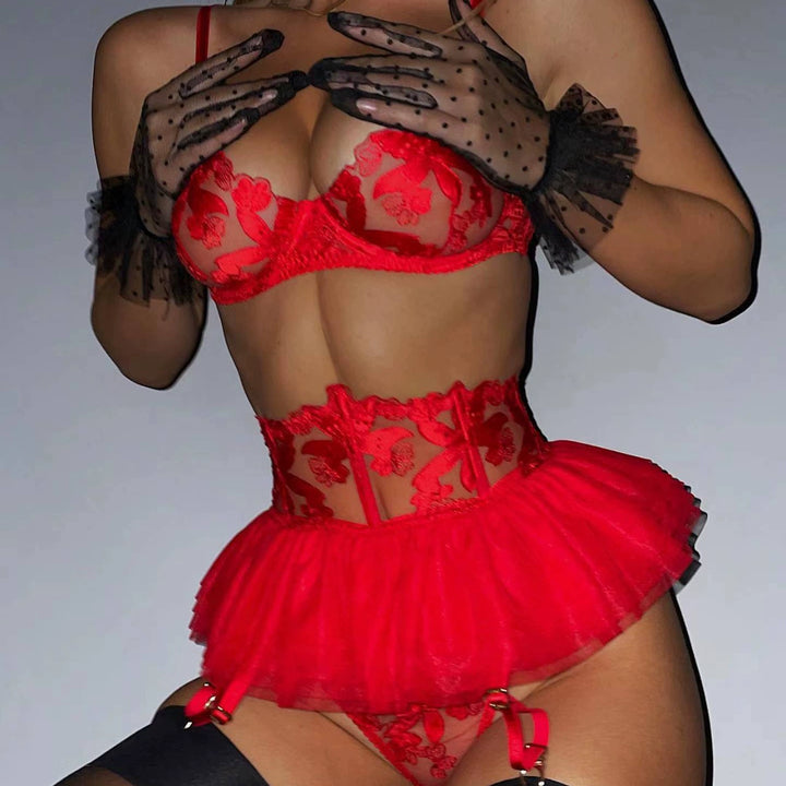 Lacy mini-skirt bra and garter belt lingerie set
