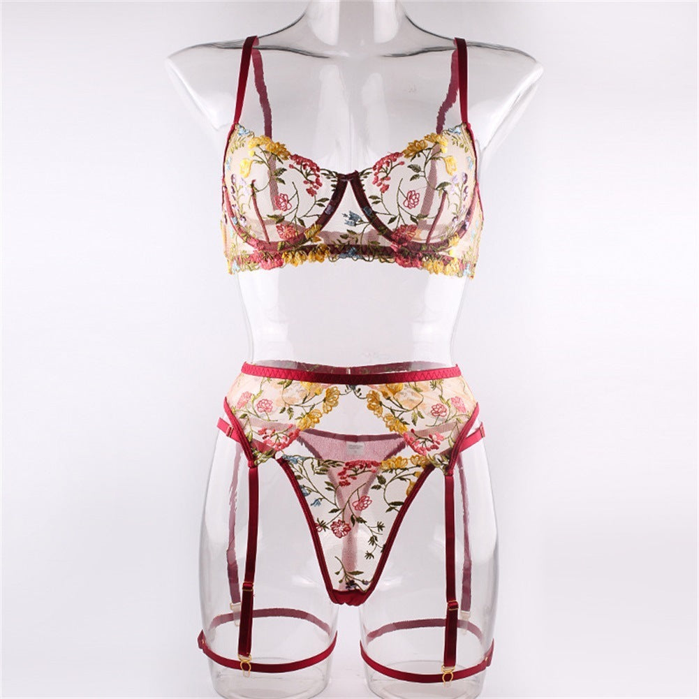 Embroidered multi-colored floral bra, sheer lingerie three-piece set