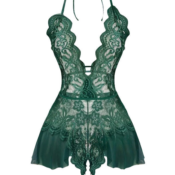 Sexy and seductive transparent lace lingerie bodysuit with open crotch design.