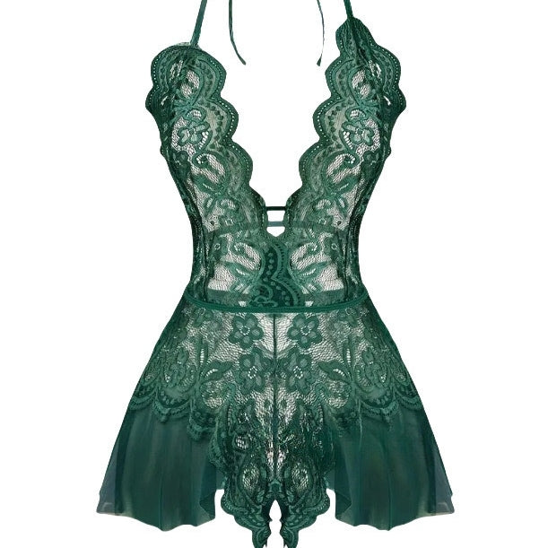 Sexy and seductive transparent lace lingerie bodysuit with open crotch design.