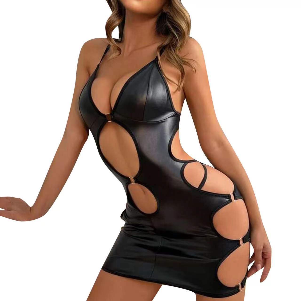 Sexy lingerie, patent leather cutout halter dress, tight bodysuit