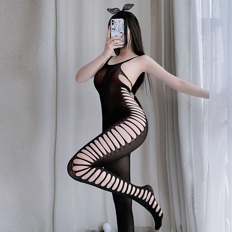 Sexy sheer black stockings, sleeveless mesh bodysuit, open crotch stockings.