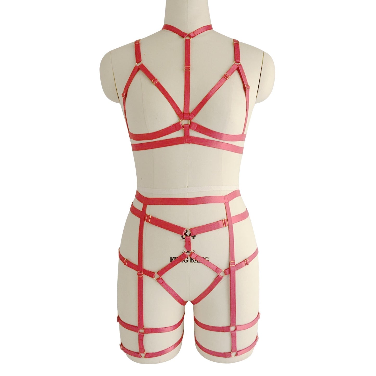 Lingerie set with leg straps, neck harness, and bondage elements.