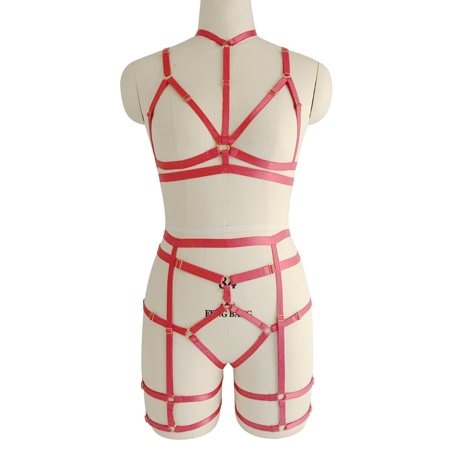 Lingerie set with leg straps, neck harness, and bondage elements.